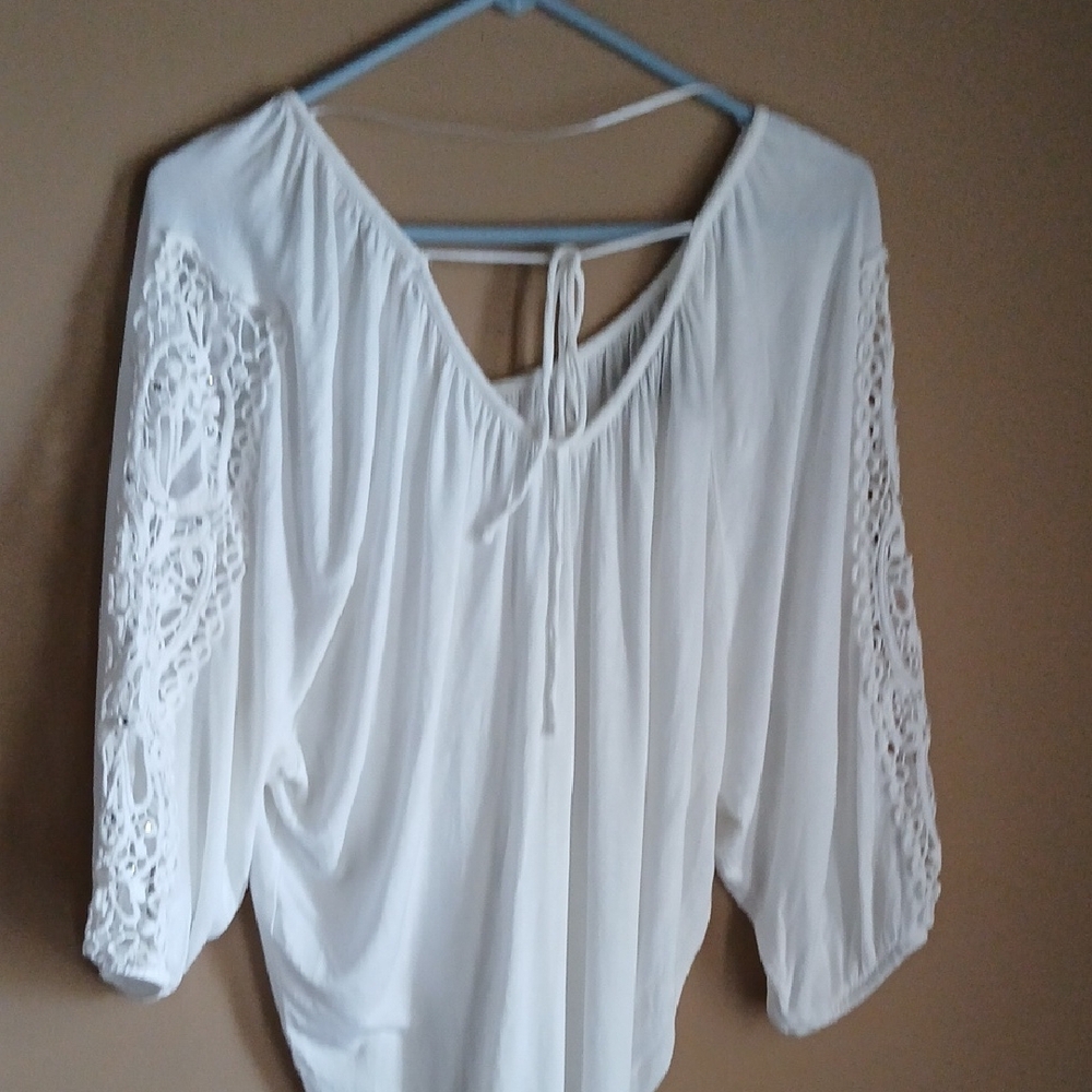 INC International Concepts White Blouse with Lace Sleeves - Picture 5 of 5